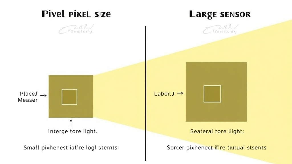 작은 센서와 큰 센서의 픽셀 입자 크기 차이를 보여주는 도식