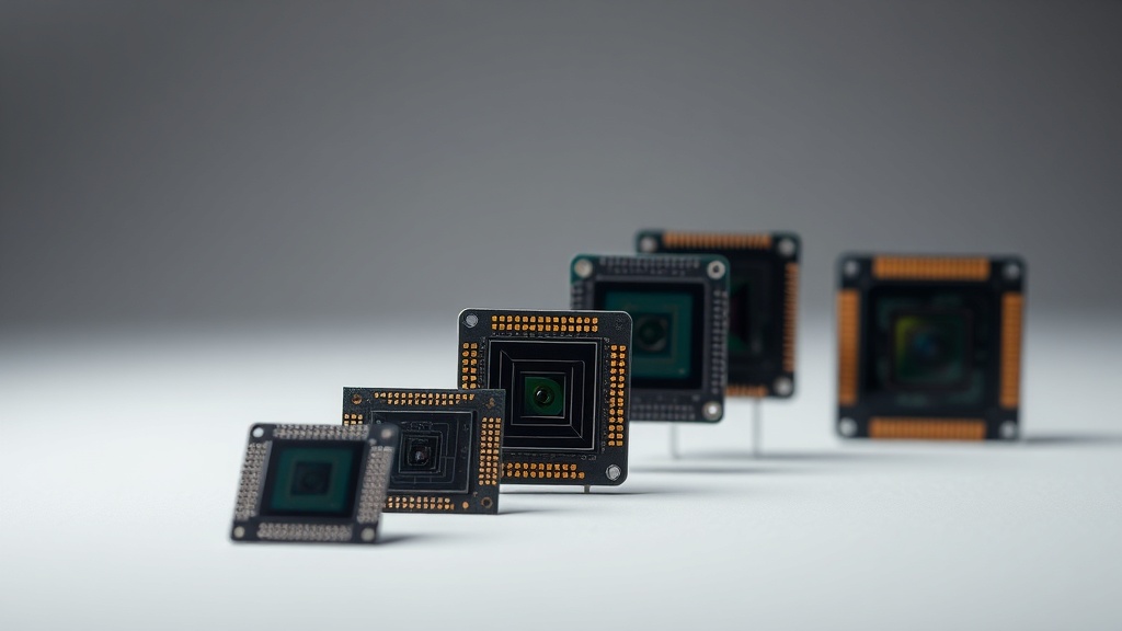 다양한 크기의 스마트폰 카메라 이미지 센서 칩셋들이 크기 순서대로 나열되어 있는 비교 장면