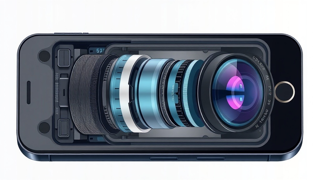 스마트폰 내부의 다중 렌즈 구조와 광학 줌 렌즈의 배열을 보여주는 기술적 도식