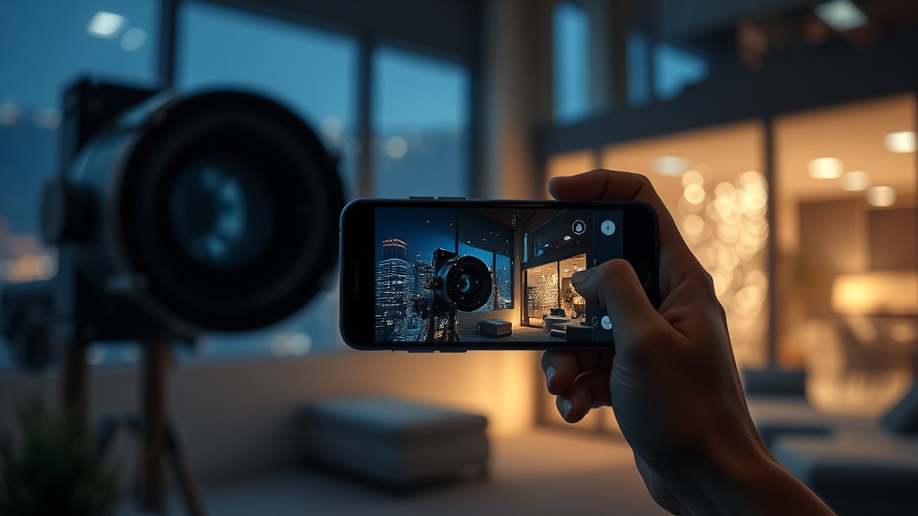 어두운 실내에서 스마트폰으로 야경을 촬영할 때 대형 이미지 센서가 빛을 모으는 과정을 시각화한 그래픽